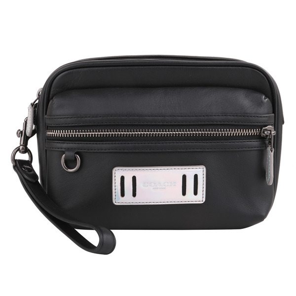 COACH-皮標LOGO素面皮革掛帶大手拿包(黑)