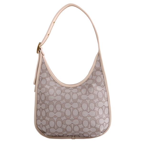 COACH-緹花LOGO織布牛角型手提包(淺卡其x膚)S