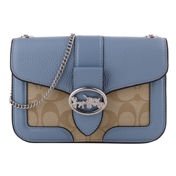COACH-圓金屬馬車防刮鍊帶暗釦斜背包/卡其X水藍S