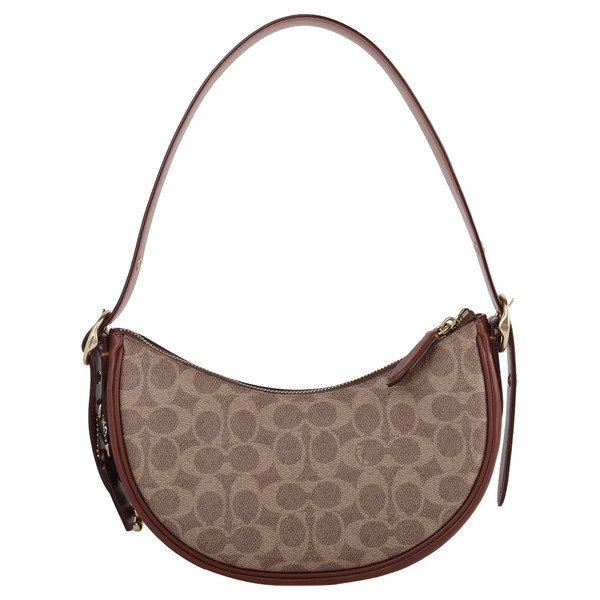 COACH- 滿版防刮皮革手提肩背彎月包(卡其x棕駝)