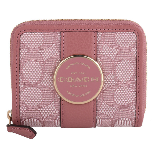 COACH-鐵牌圓標馬車緹花織布ㄇ型拉鍊短夾(橘粉X粉)
