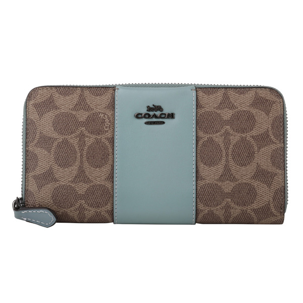 COACH-金馬車咖條紋防刮拚色拉鍊長夾(深卡其X文青綠)