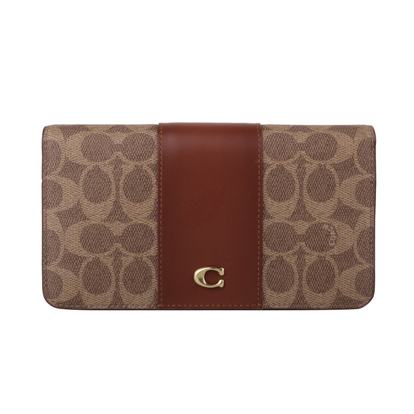 COACH-經典革暗扣薄長夾(卡其x咖)