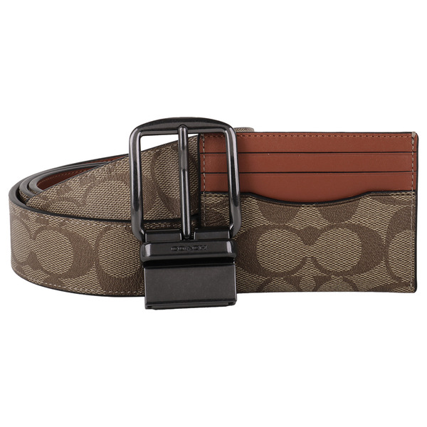 COACH-防刮LOGO穿式皮帶+名片夾禮盒組/深卡其x駝42"
