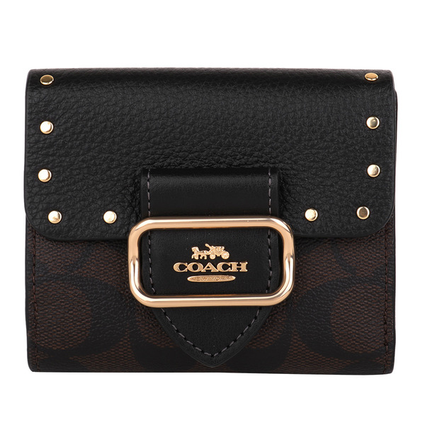 COACH-金屬框鉚釘飾邊拼色暗釦皮革短夾(深咖x黑)