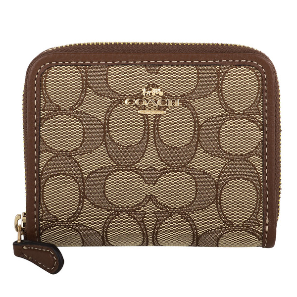 COACH-金馬車緹花LOGO織布拉鍊對開短夾(卡其x駝)