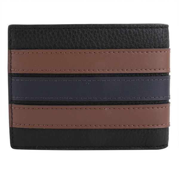 COACH-咖條槓壓印LOGO皮革雙折小短夾(黑色)