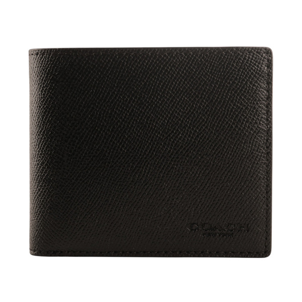 COACH-壓印LOGO 素面防刮皮革附抽取式卡夾短夾(黑)