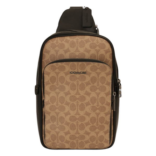 COACH-防刮LOGO 撞色前胸/側背包(深卡其x黑)大