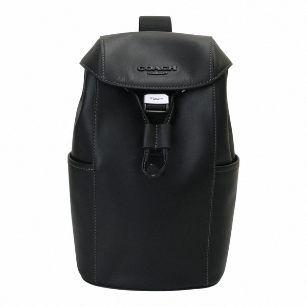 COACH- 滑面牛皮革翻蓋束口單肩前胸包(素面黑)