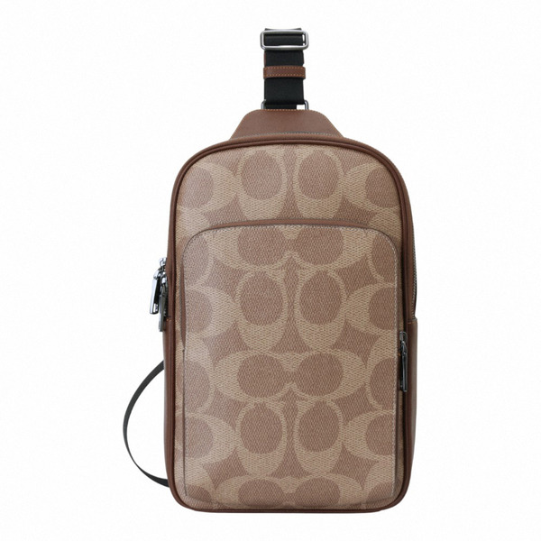 COACH- 防刮拚色LOGO 側背/前胸包(深卡其x棕)