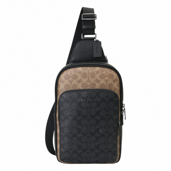 COACH-防刮拚皮革拉鍊單肩背/前胸包(卡其x黑)小