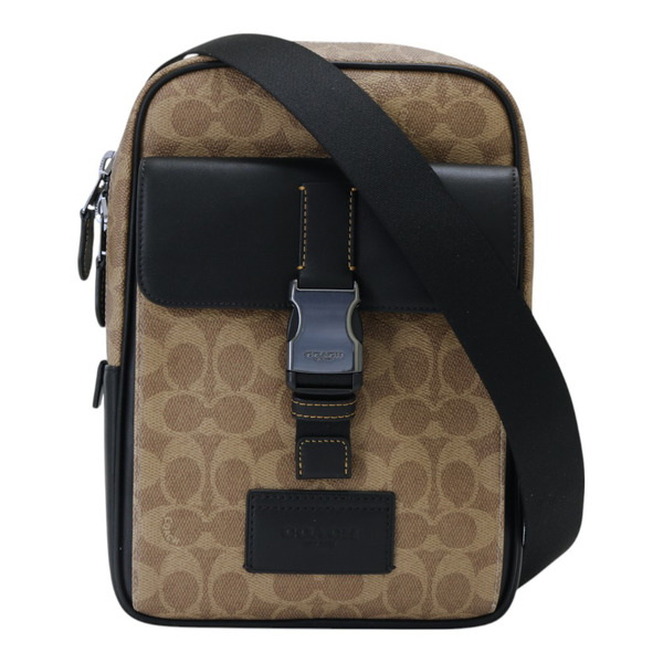 COACH-拼接皮革直式單肩前胸包(卡其x黑)