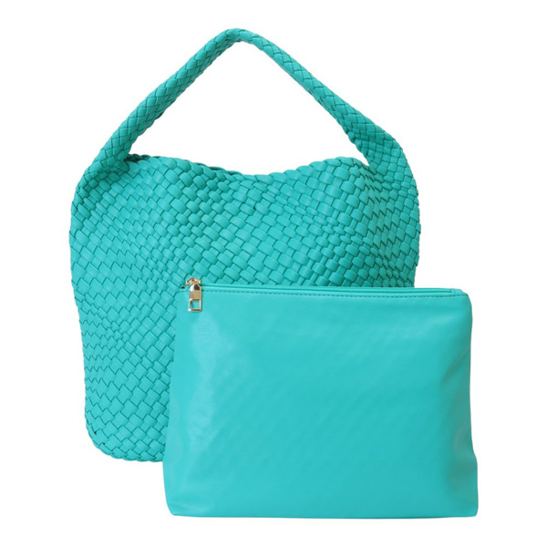 belief-編織皮革附化妝包手提包 9389藍綠色