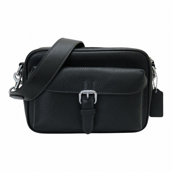 COACH-荔枝紋皮革前釦袋斜背男包(黑色)