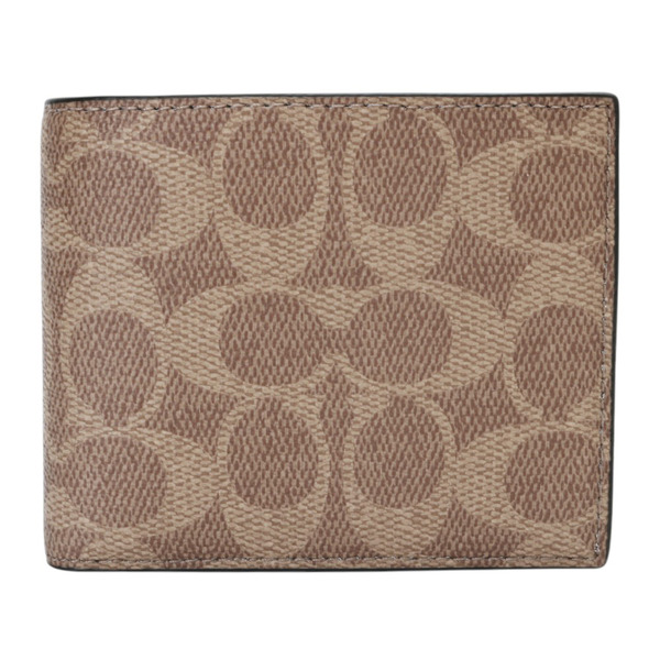 COACH-防刮 LOGO皮革8卡透明夾層對折短夾(卡其)