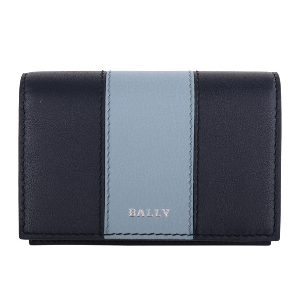 BALLY-Balee 烙印銀LOGO 牛皮革翻式名片夾(午夜藍x淺藍)