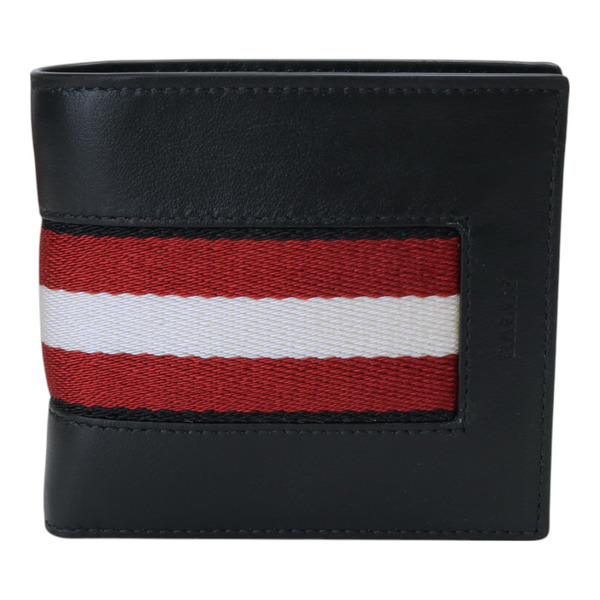BALLY-BRASAI 紅白織帶x牛皮革8卡雙折短夾(黑)