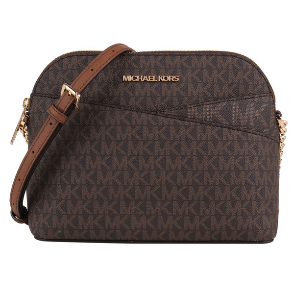 Michael Kors-滿版防刮鍊帶前交叉貝殼型斜背包(深咖)小