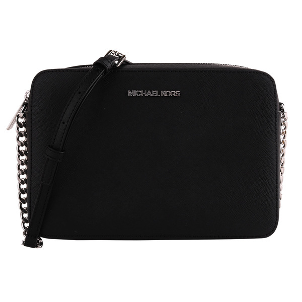 Michael Kors-銀字防刮PVC 銀鍊帶斜背方包(素面黑)