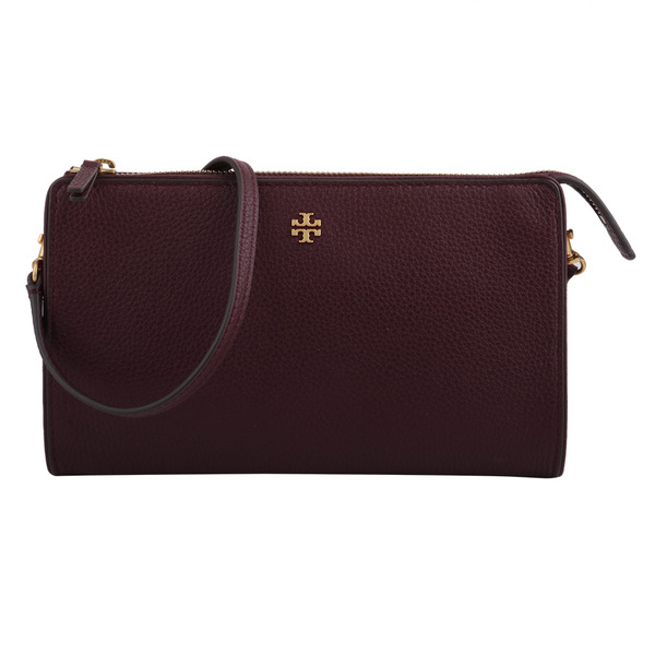 TORY BURCH-CLARET 金雙T 荔枝牛皮拉鍊單肩斜背包(酒紅)小