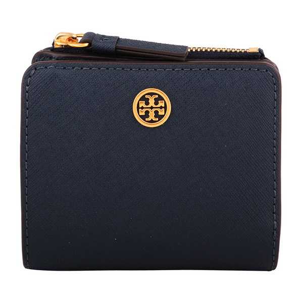 TORY BURCH-BLUESTONE 圓標防刮暗釦拉鍊零錢袋短夾(墨水藍)
