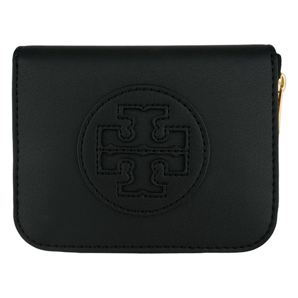 TORY BURCH-Ella 標誌皮革ㄇ形拉鍊卡夾/零錢包(黑)