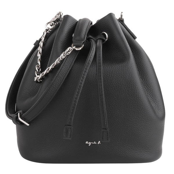 agnes b.-銀草寫logo皮革束口手提/斜背水桶包(黑)小