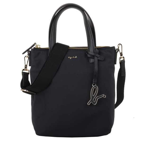 agnes b.-金草寫LOGO 尼龍直式拉鍊mini手提/斜背包/黑