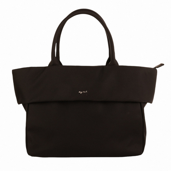 agnes b.-草寫銀字agnes b. 前凹折尼龍手提托特包(黑)中