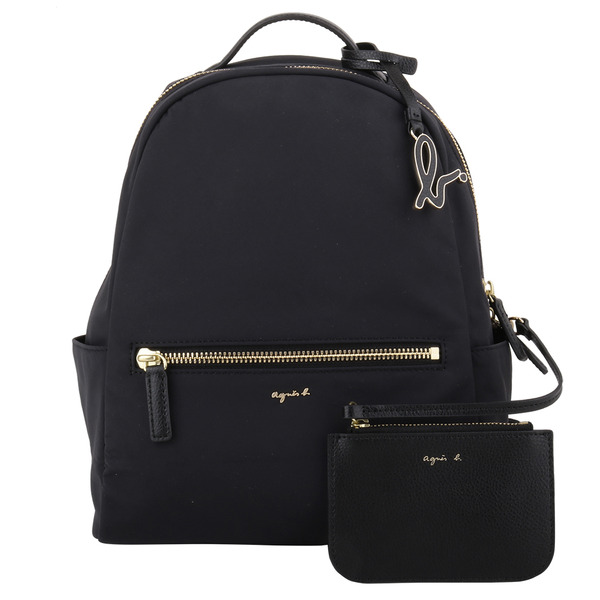 agnes b.-金草寫LOGO 尼龍附零錢包後背包(黑)小款