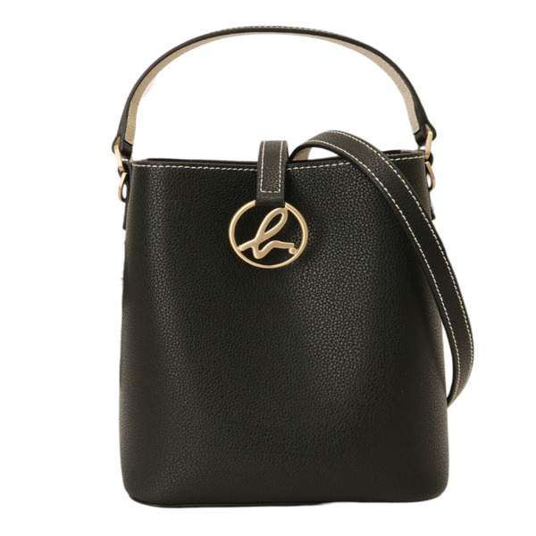 agnes b.-金屬b logo 皮革三層兩用水桶托特包(黑)小款