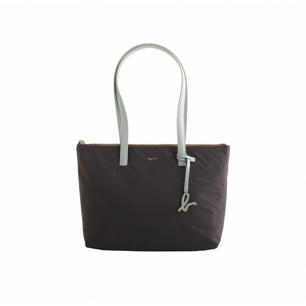 agnes b.-草寫金字附手拿包尼龍托特包(深鐵灰x綠提把)中