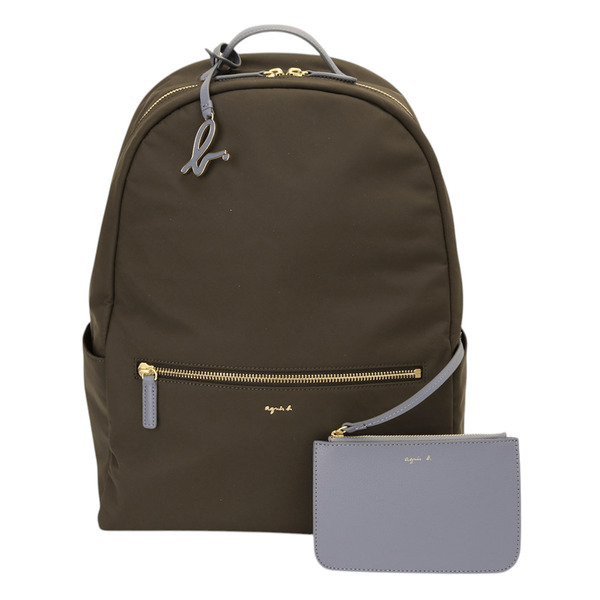 agnes b.-金字LOGO 附手拿包尼龍後背包(深褐色)大款