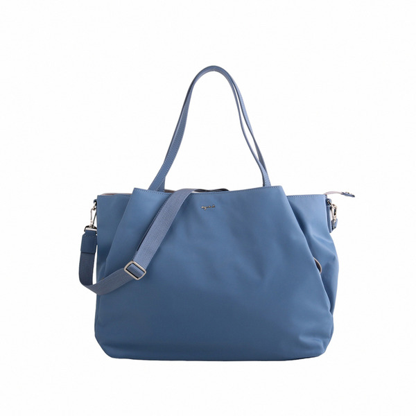 agnes b.-銀字logo 前雙側拉鍊兩用托特包(天藍x淺灰)大