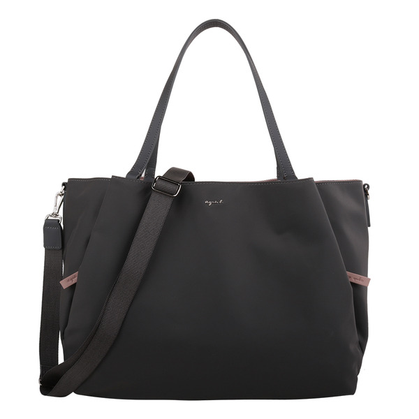 agnes b.-銀字logo前雙側拉鍊兩用托特包(深灰x內粉)大