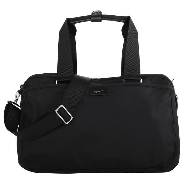 agnes b.-草寫皮標前拉鍊尼龍兩用旅行包(黑)小