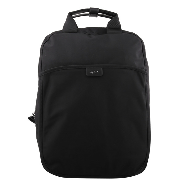 agnes b.-草寫皮標前尼龍直式手提後背包(黑)中