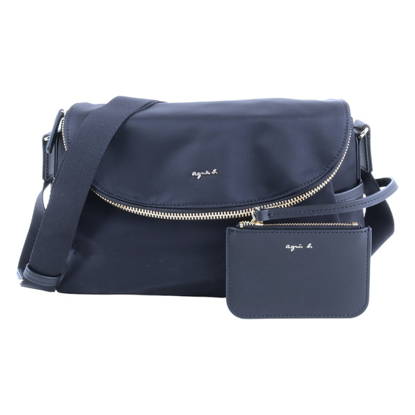 agnes b.-金屬agnes b.前凹拉鍊附零錢包尼龍斜背包(黑)中