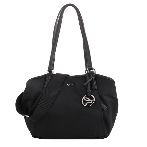 agnes b.-前雙側拉鍊尼龍三層手提斜背包(黑)小