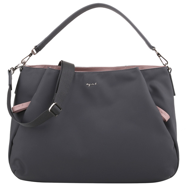 agnes b.-金屬agnes b.字束口雙層尼龍斜背包(外灰X內粉)中