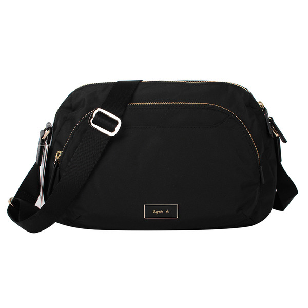 agnes b.-草寫金屬 LOGO前拉鍊口袋斜背包(黑)小款