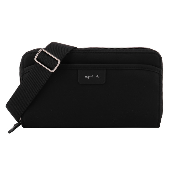 agnes b.-黑皮標 logo 尼龍拉鍊斜背長夾包(黑)