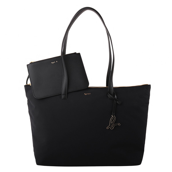 agnes b.-草寫金字拉鍊尼龍附手拿包肩背托特包(黑)大