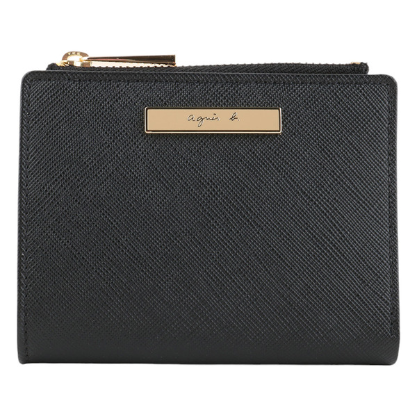 agnes b.-金鐵牌防刮暗釦拉鍊短夾(外黑x內杏色)