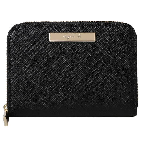 agnes b.-金鐵牌LOGO防刮拉鍊卡夾/零錢包(外黑x內米)
