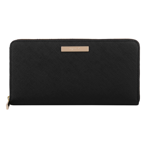 agnes b.-草寫金鐵牌防刮皮革拉鍊長夾(外黑X內米)