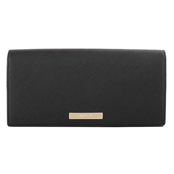 agnes b.-草寫金鐵牌防刮釦式長夾(黑X內米)