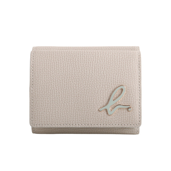 agnes b.-立體b. LOGO紋路皮革三折翻釦小短夾(淺灰x冰綠)