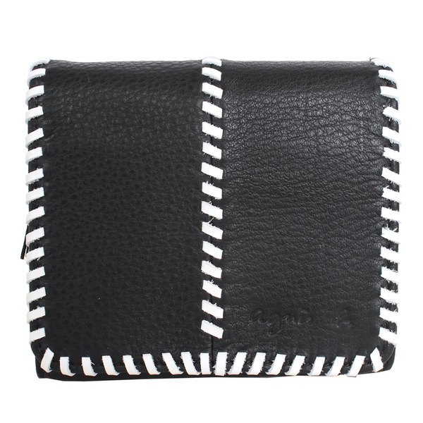 agnes b.-白色縫線滾邊翻釦短夾黑